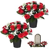 Varku 2 PCS Grave Flowers in Pot, Artificial Red Rose Arrangement with 12 Flower Heads, Memorial Cemetery Floral Decoration for Funeral Gravesite Home Remembrance Display