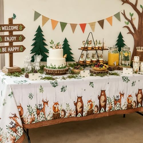 Image of TREWAVE Woodland Animals Plastic Tablecloth Forest Wild Creatures Baby Shower Table Covers for Boy Girl Birthday Table Decoration Neutral Gender Reveal Decor Friendship Themed Party Supply 54 inch x 108 inch