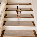 GROWLING Linen Stair Treads for Wooden Steps Indoor 30x8 inch, 15pcs Upgraded Self Adhesive Backing Non Slip Stair Carpets, Peel and Stick Stair Runner Rugs, Reusable Staircase Step Treads(Beige)