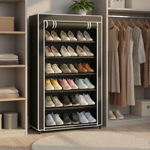 Image of GOLABROS Shoe Rack with Cover | Plastic Rack 6 Shelves with Zip Cover & Side Pockets | Dustproof Multiuse Storage Organizer for Footwear, Toys, Shoe Rack Plastic, Slipper Stand, Black
