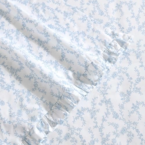 Image of Laura Ashley - Queen Size Sheet Set, Crisp Cotton Percale Bedding with Ruffle Pillowcases, Fully Elastic Deep Pocket Fitted Sheet, Floral Room Decor, Breathable All-Season Comfort (Victoria Blue)