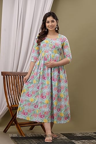 Image of Maternity Feeding Kurti for Women | Cotton Blend Anarkali Dress with Nursing Zip for Pre & Post Pregnancy