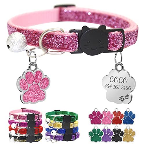 CAMAL Collar Gato + Chapa Perro Grabada Forma de Huella, Collar para Mascotas con Chapas Personalizadas, Collar Gato Personalizado con Cascabeles y Hebilla Seguro, Ajustable de 19 a 32 cm (Rosa) Cover
