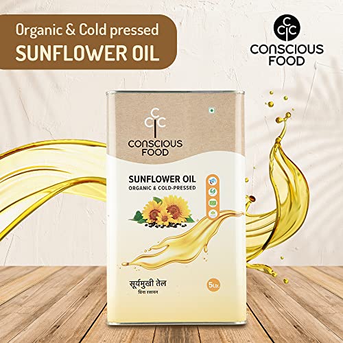 Image of Conscious Food Cold Pressed Sunflower Oil | 5 Litre | Natural | Healthy Cooking Oil | Tin Can | High in Antioxidants, Delicious & Healthy
