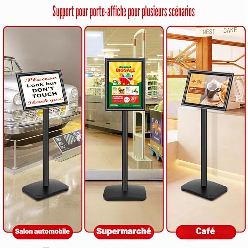 VAIIGO Présentoir A4 robuste sur Pied - Base fonte lestée, Rotation 360°, Cadre Aluminium Clipsable - Support Panneau A4 – Porte Affiche Menu Restaurant, Support Document Bureau | Noir – vue 8