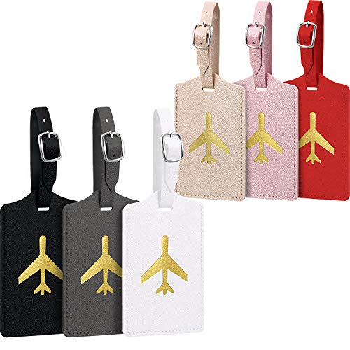 6 Pieces Luggage Tags Suitcase Tag Travel Bag Labels Leather Instrument Baggage Bag Luggage Tags for Travel Bag Suitcase (Black, Gray, Pink, Red, White, Champagne Gold)