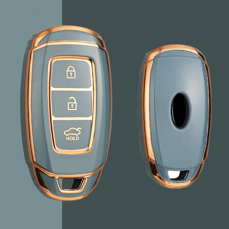 Image of JVCV Gold Border TPU Key Cover Compatible with Hyundai Verna Push Button Start Car Key - Glossy Protective Smart Key Case (Grey)