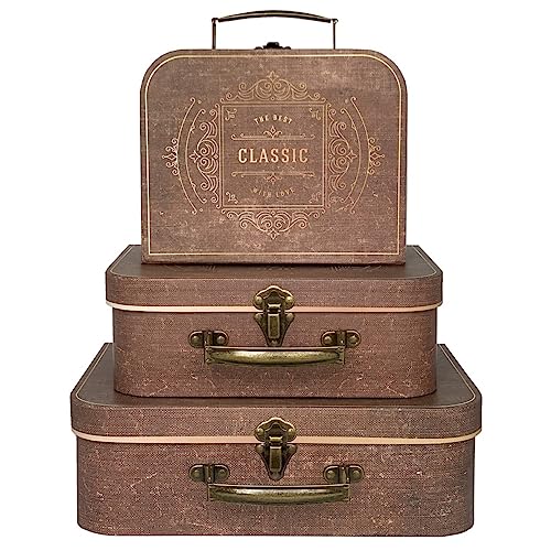 Vintage Decorative Storage Box Set of 3 with Lids, Keepsake & Photo Box, Brown Suitcase Memento Case