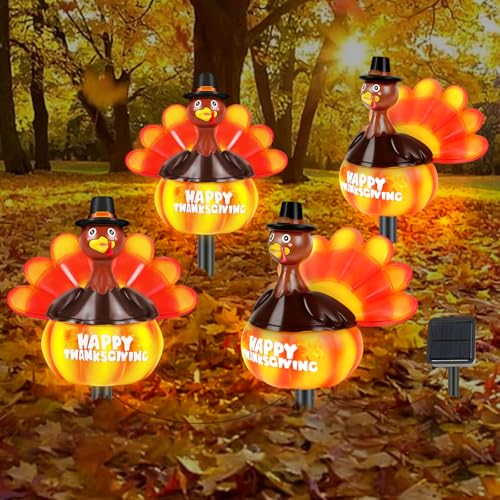 4-in-1 Thanksgiving Turkey Pumpkin Solar Lights Outdoor Decoration Fall Harvest Yard Stakes Autumn...