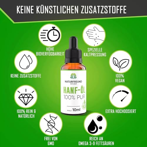 NATURFREUND® Hanföl HOCHDOSIERT mit 150mg pro Tagesdosis - Premium Hanfsamenöl Hemp Oil - Omega 3-6-9 Öl Fettsäuren Naturöl - Made in Germany - 10ml