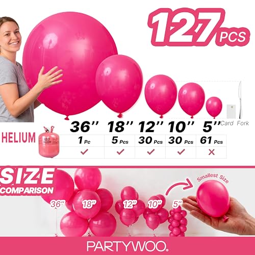 Image of PartyWoo Hot Pink Balloons 127pcs Different Sizes of 36 18 12 10 5 Inch Magenta Fuchsia Balloon Arch Kit for Baby Shower Bachelorette Wedding Bridal Shower Birthday Party Decorations Pink-Y12