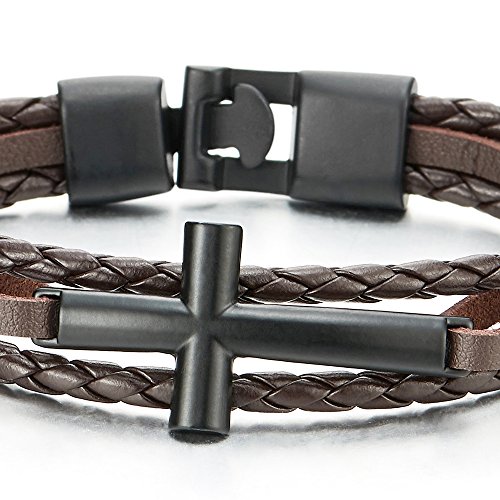 COOLSTEELANDBEYOND Black Horizontal Sideway Lateral Cross Brown Braided Leather Bangle Bracelet for Men Women Wristband2