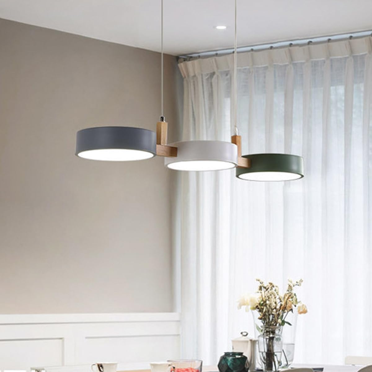 Lámpara Colgante nórdica de 3 Cabezas, lámpara Colgante de Hierro, lámpara Colgante de Madera Maciza, lámpara Colgante LED Creativa de Altura Ajustable para Sala de Estar