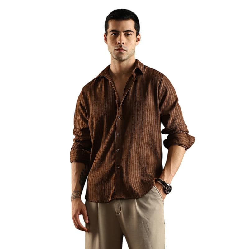Image of CAHOOT Men Chocolate Brown Ripple Trough Shirt for Casual Wear Mid Rise Regular Fit Button Closure Crafted with Comfort Everyday