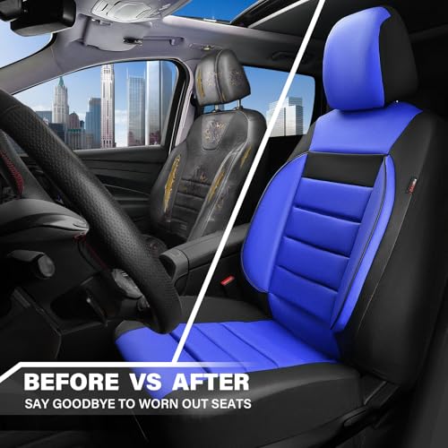 Image of CAR PASS Leather Car Seat Covers Front Seats Only, Universal Fit Automotive Interior Waterproof 3D Foam Back Support Car Seat Covers for Trucks Vans and SUVs Airbag Compatible 2 Pieces Black Blue