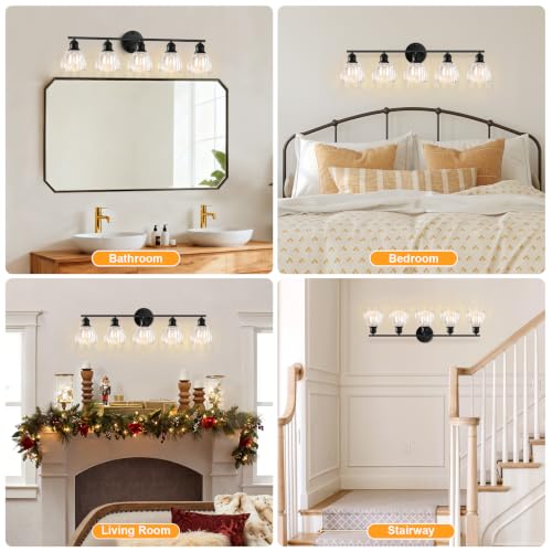 Image of Bathroom Light Fixtures, 5-Light Brushed Black Vanity Lights for Bathroom with Clear Tulip Glass Shade, 30 inch Vintage Bathroom Vanity Lighting Fixtures Over Mirror for Bedroom Living Room Hallway