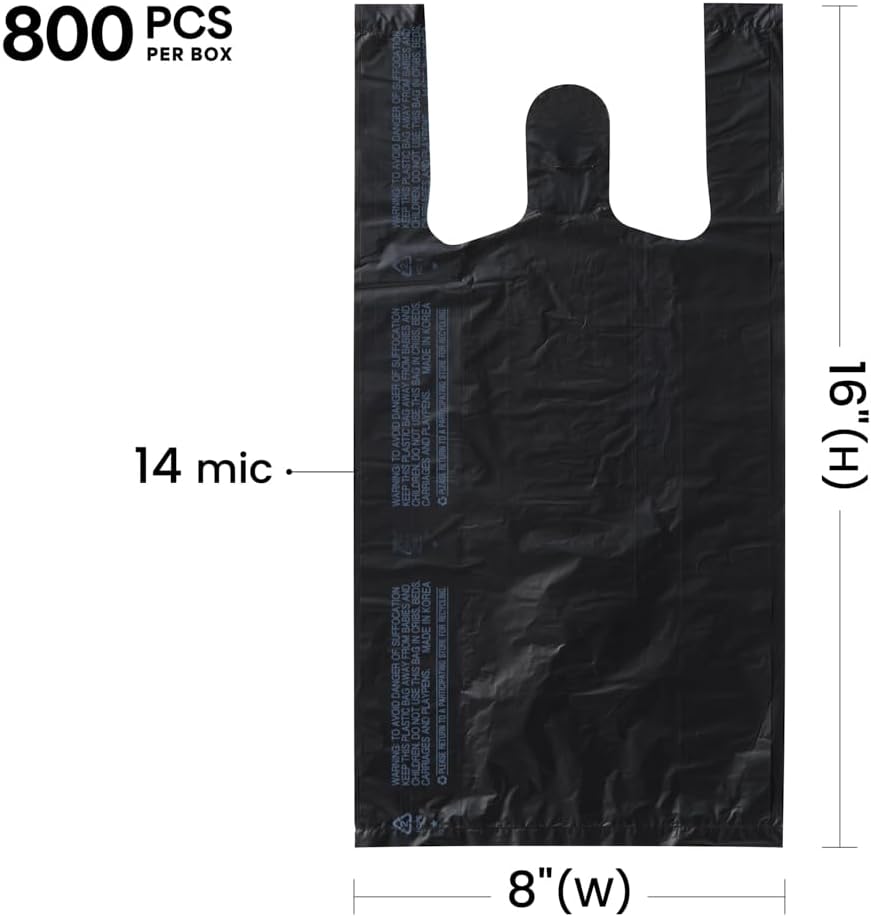 Small Black (800 Count) Plastic Embossed T-Shirt Bags, 8" X 4" X 16", 14 mic (0.55 Mil), Retail Plastic, Bulk, Black Plain, T-Shirt, Desk Trash, Grocery Bags with Handles, Made in Korea - Image 2