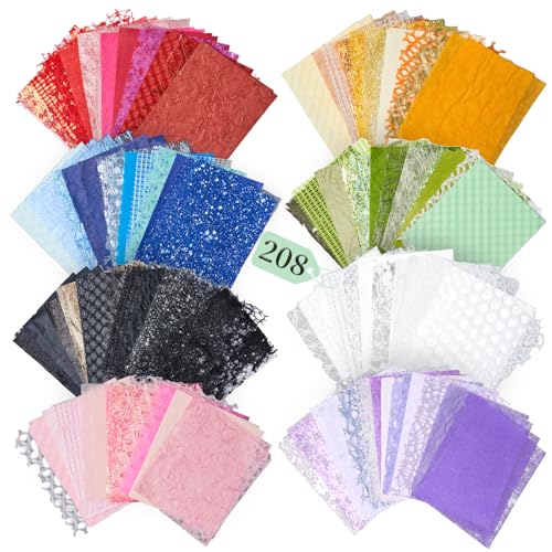 208 Sheets Textured Scrapbook Paper and Mesh Fabric Assorted Set - 8 Color Mixed Special Scrapbooking Papers for Planner Bullet Junk Journaling Supplies Handmade Collage Craft Kit,5.9x4.7 Inch