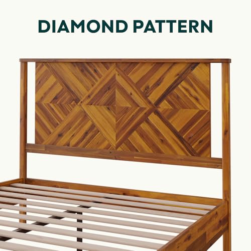 Image of Bme Ethan Queen Bed Frame with Diamond Headboard, Mid Modern, Solid Acacia Wood, No Box Spring Needed, Fits All Mattresses, Rustic Caramel