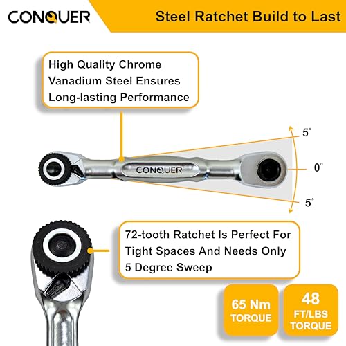 Image of CONQUER 1 /4 inch Mini Ratchet Wrench - Ultra-Low Back Drag & Low Profile Dual Head Ratchet - Problem Solver for Tight Engine Spaces, Sockets & Hex Bits EDC