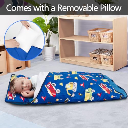 Image of Primlect Toddler Nap Mat, Portable Rolled Sleeping Mat | 51 inchx31 All-in-One Sleeping Bag with Removable Pillow and Soft Blanket, Machine Washable, for Daycare Travel, for Boys Girls