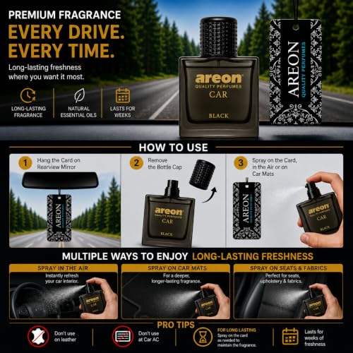 Image of AREON Car Perfume 1.7 Fl Oz. (50ml) Glass Bottle Cologne Air Freshener for Cars, BLACK