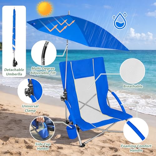 Image of Romswi Beach Chair with Umbrella 2PK, Folding Low Beach Chairs for Adults with Adjustable Parasol, Cup Holder, Breathable Backrest, Comfortable Armrests, Lightweight for Beach & Camping, Blue