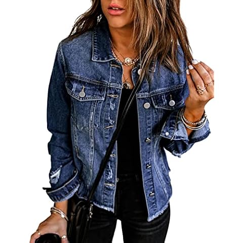 Joiemont Womens Distressed Ripped Denim Jacket Frayed Washed Button Jean Coat Jacket, Blue, Medium Cover