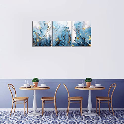 SERIMINO Blue Abstract Canvas Wall Art for Living Room, Navy and Gold Fluid Marble Wall Decor for Bedroom, Bathroom, Office, Home Decor, Set of 3 Print Painting, 12"X16"