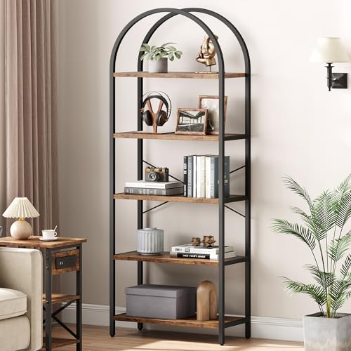 IDEALHOUSE Bookshelf 5 Tier Bookcase Arched Display Racks Tall Standing Bookshelves Metal Frame Modern Storage Rack Shelf Large Wood Book Shelf for Bedroom, Living Room, Home Office