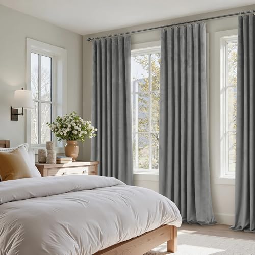 Image of Pitalk Grey Velvet Curtains 84 Inches Long 2 Panels Luxury Blackout Curtains for Bedroom Living Room Thermal Insulated Super Soft Window Drapes Gray Rod Pocket & Back Tab W52 x L84 Inch Length