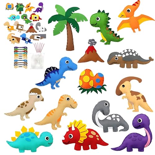 WSNDM Kit de Costura Niños, Juego de Manualidades Coser Kit, DIY Lindo Dinosaurio de Fieltro de Felpa, Hacer Manualidades Infantiles Fieltro, Adornos de Felpa Rellenos, para Principiantes