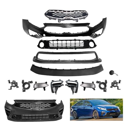 Complete Front Bumper Cover Kit Compatible with 2019 2020 2021 Kia Forte L, LX, EX, GT, FE 2.0L 1.6L W/Upper Grille Lower Grill & Fog Lights