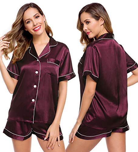 Image of LecGee Womens Silk Satin Pajamas Short Sleeve Loungewear Two-Piece Sleepwear Button-Down Pj Set