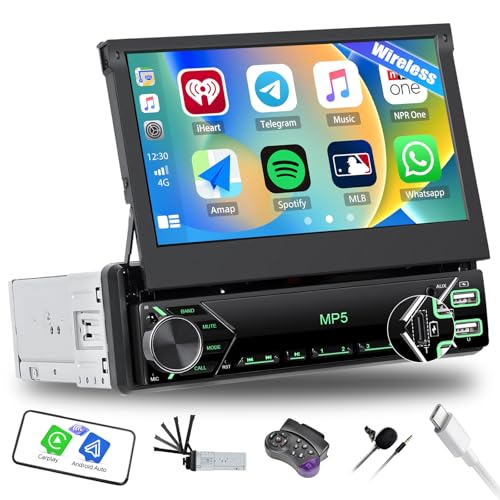 SIXWIN Radio Coche Bluetooth 1 DIN con Wireless Carplay et Android Auto et Mirrorlink, 7''Retráctil Pantalla Táctil Reproductor Multimedia con FM/USB/Type C