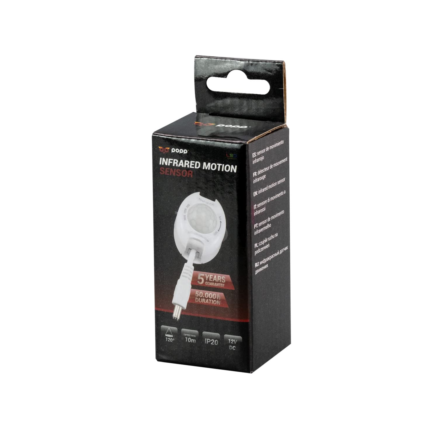 POPP® Electric Detector de Movimiento Sensor 60W DC12V IP20 120° de Interruptor para Tira LED con Control de Luz Forma Redonda Automática de Infrarrojos (Pack 5 Unidad)