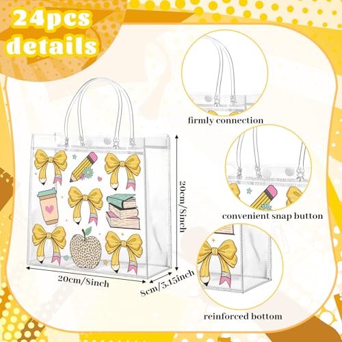 Image of Teenyyou 24 Pcs Back to School Clear Gift Bags with Handles, Cute Bow & Stationery Pattern PVC Gift Bags Reusable Goodie Container for Teacher Appreciation, Birthday Party, Classroom Rewards