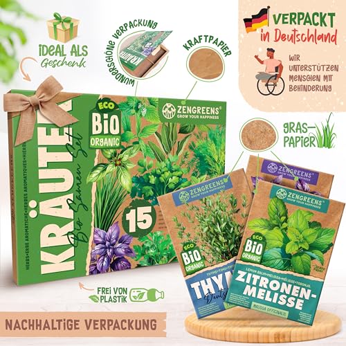 ZenGreens® - Bio Kräuter Samen Set - 15 Kräutersamen für den einfachen Anbau im Garten, Balkon oder Hochbeet - Pfalnzensamen - Saatgut