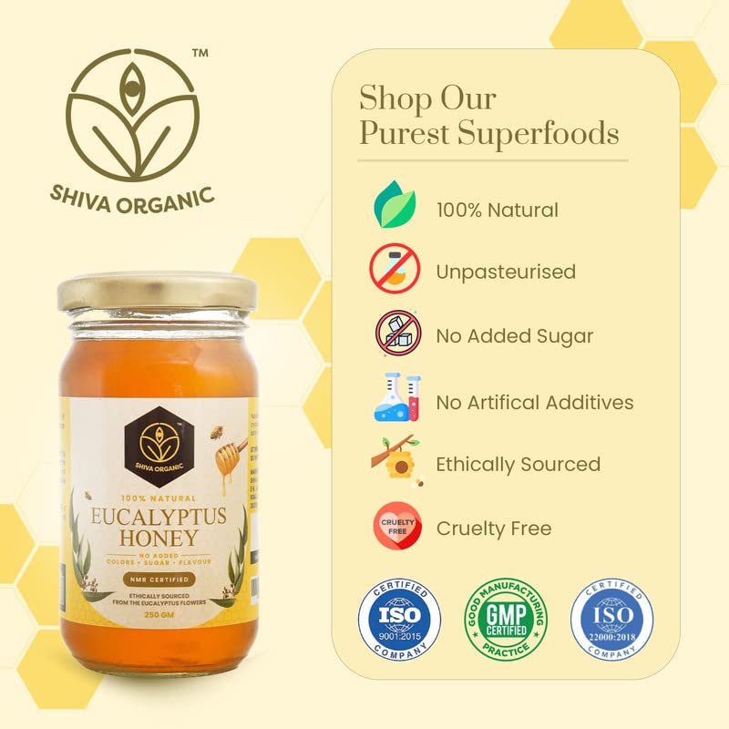 Image of Shiva Organic Raw Eucalyptus Honey 250g | 100% Pure NMR Tested | Raw and Unprocessed