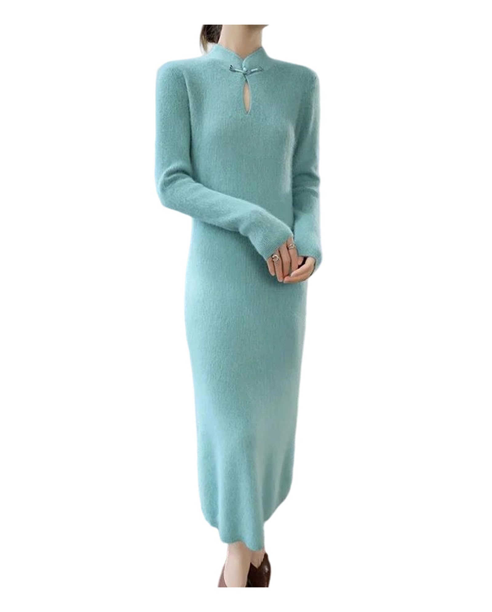 Womens Cashmere Blend Knit Sweater Dress Solid Color Long Sleeve Long Over-The-Knee Slim Pullover Dress