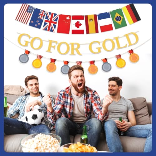 Image of GO FOR GOLD Banner Set and International Country Flags Bunting | Sports Themed Party Decoration,Olympic Sports Themed Decorations for Sports Party Bunting Supplies Decor
