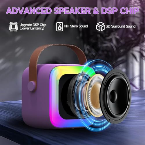 Image of MIni Karaoke Machine for Kids with 2 Wireless Microphones, Portable Bluetooth Speaker, LED Disco Lights & Voice Changer, Great Birthday Gift for Girls Ages 3-12, Perfect for Family Parties and Home