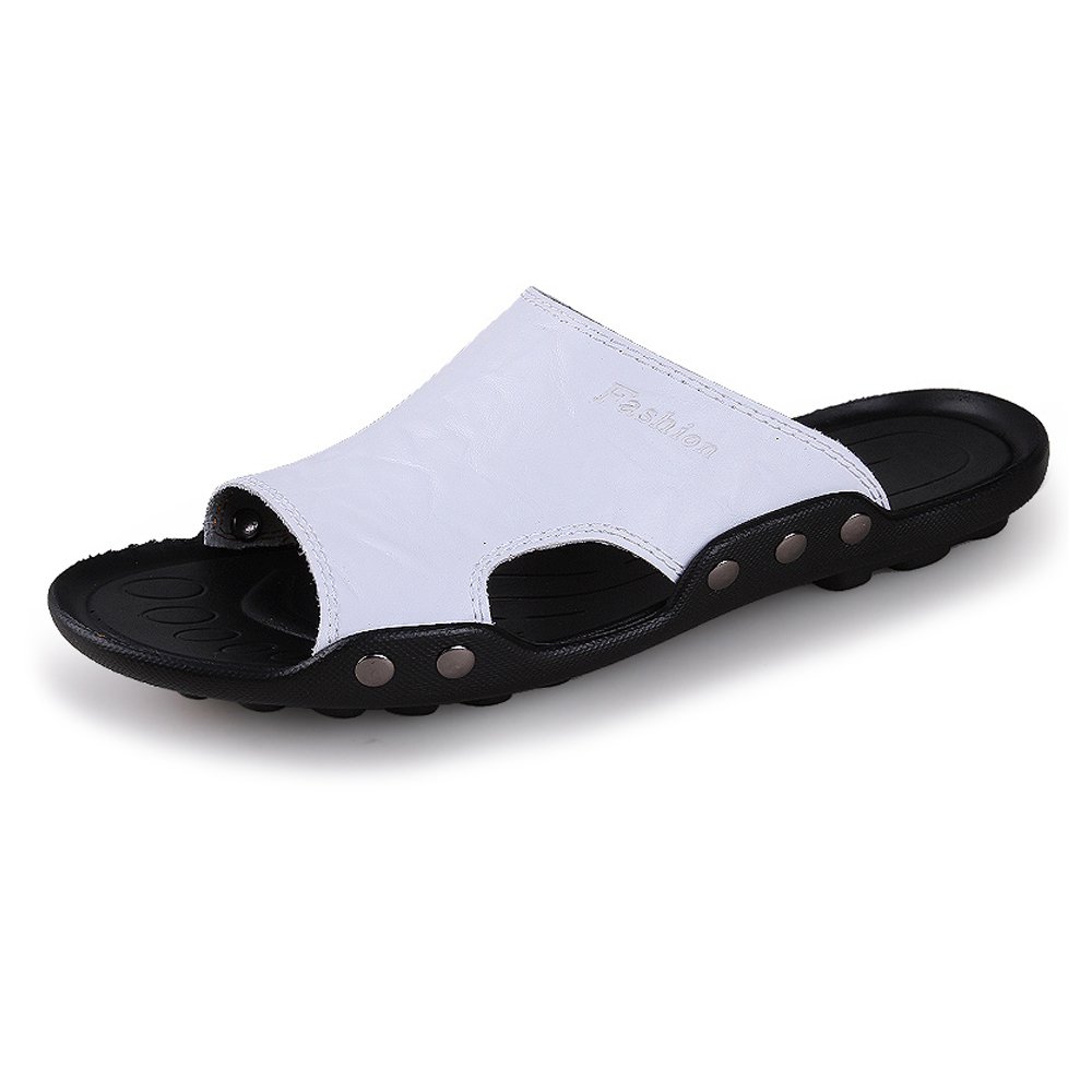 zye- Men's Echt Cowhide Leather Beach Slippers Non-slip Sole Sandals (Color : White, Size : 41 EU)