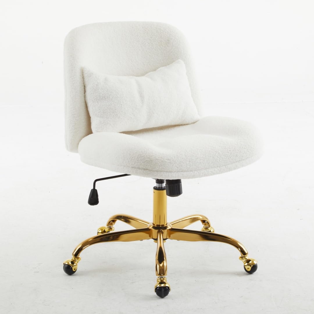 Bonnlo Silla de Oficina sin reposabrazos, Silla Escritorio sin Brazos, Silla de Tocador con Cojín Lumbar, Altura Ajustable, Silla de Escritorio Ancha, Ideal para Home Office, Tejido Teddy (Beige)