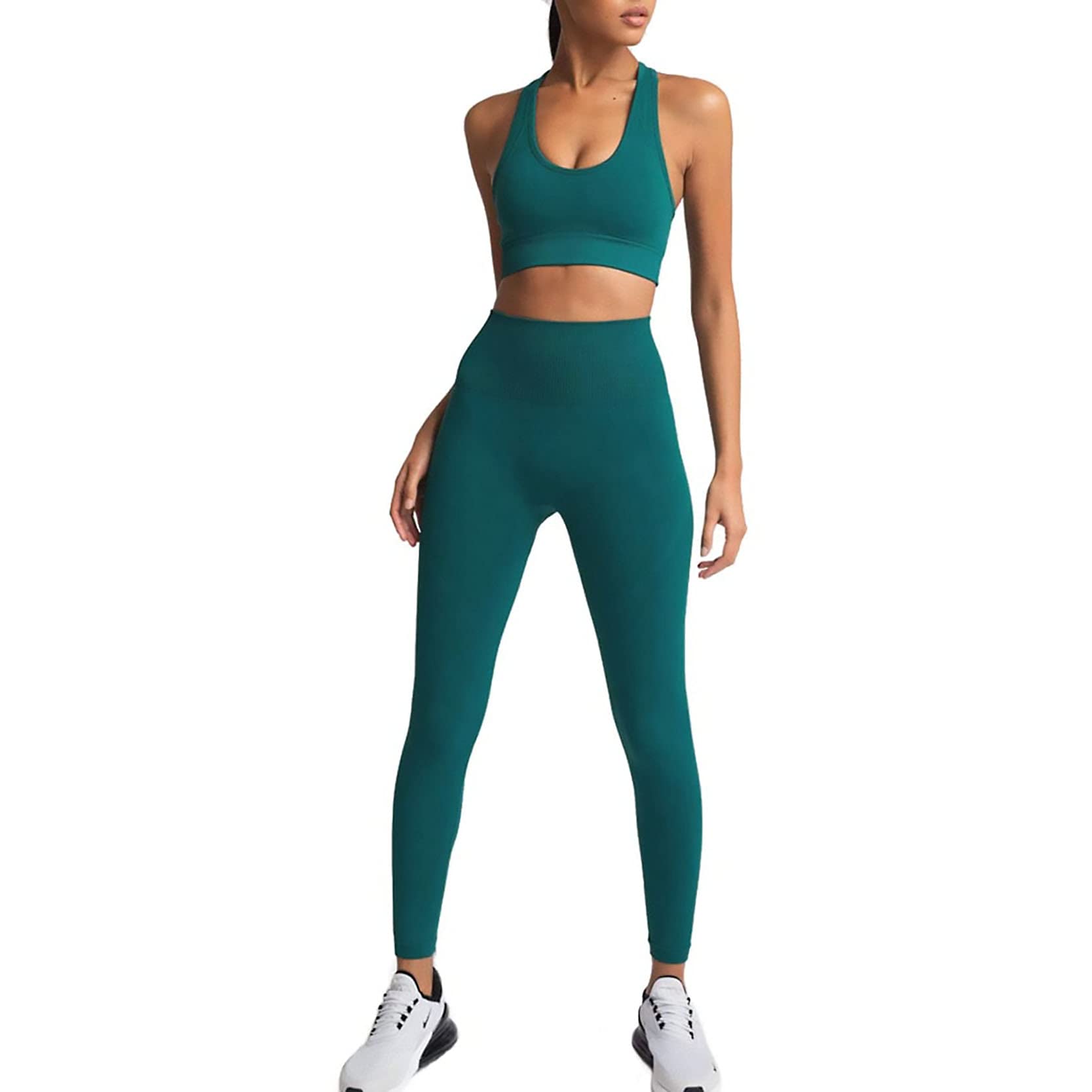 Womens Sportswear Set High Waist Gym Leggings & Sports Bra Stretch-Fit Yoga Activewear Set, 2 Pieces Set Soild Color Hip-Lifting Sports Fitness Running Vest Yoga Suit for Lady (Blackish Green, S)