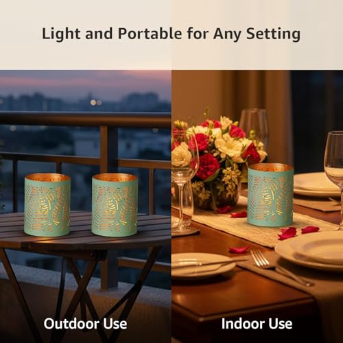 Image of Amazon Brand - Solimo Tea Light Votive - Round Leaf Design, Sea Green Iron with Gold Interior, Set of 4 (Size: L-7.5 cm x W-7.5 cm x H-10 cm)