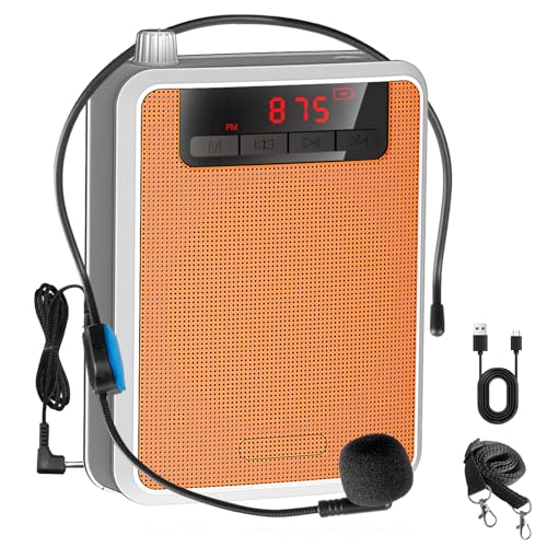 Voice Amplifier?Professional Mini Portable lotmusic Microphone Amplifier Speaker Rechargeable Wired Microphone Headset, Personal for Teacher Classroom Outdoor Meeting Tour Guides (Orange)