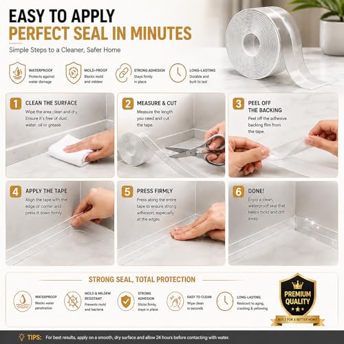 Image of Clear Caulk Tape Waterproof Self Adhesive, Caulking Strip Tape, LAVILI | Waterproof Self Adhesive Sealant Strip for Kitchen Countertop, Bathroom, Toilet (2.2cm x 10.5Ft)
