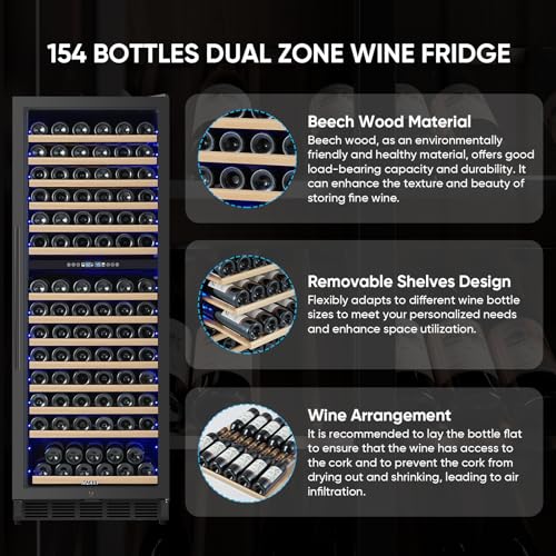 Image of Dual Zone Wine Cooler Refrigerator, 24 Inch Wine Fridge Freestanding or Built-in, 154 Bottle Large Capacity Wine Cooler with Advanced Compressor, Air-circulation System and Low Noise - Black