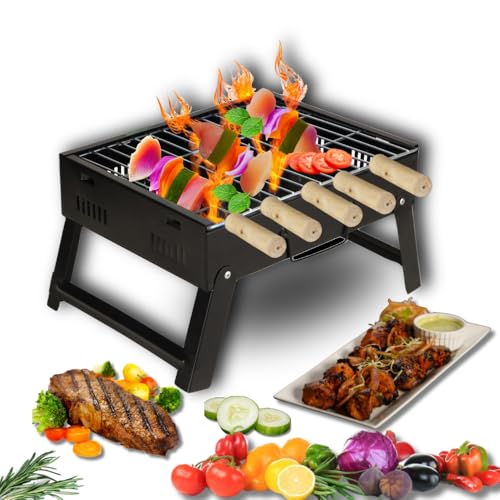 Image of Chefman Mini Portable Table Top Charcoal Barbeque Grill for Outdoor Cooking, Featuring Foldable Legs, Removable Grill, and 5 Skewers, Perfect for Camping, Tailgating, Picnics, and Backyard Barbecues